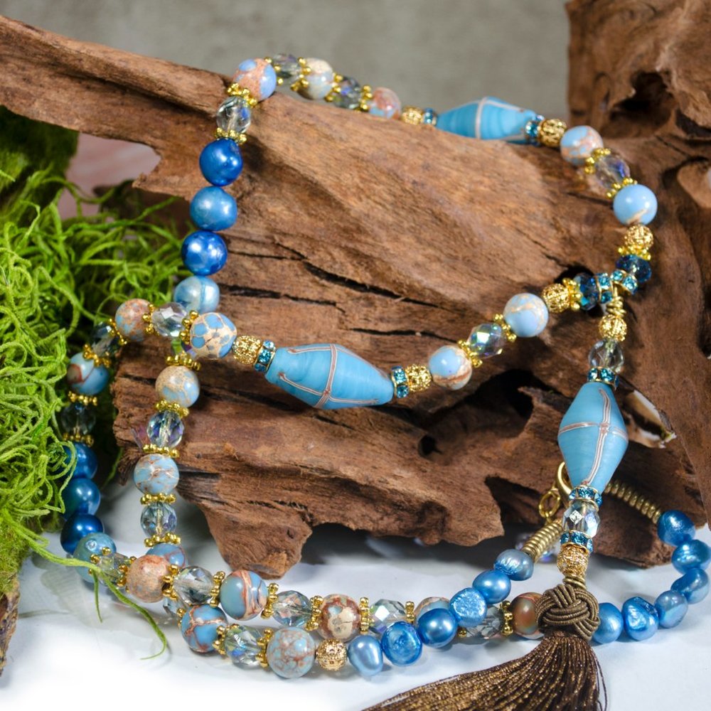 Jasper and Fresh Water Blue Pearl Tassel Necklace